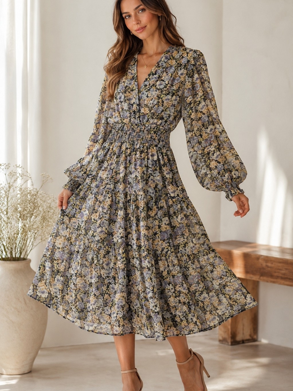 Dress Forum Floral Smocked Midi Dress in Yellow, Blue, Black